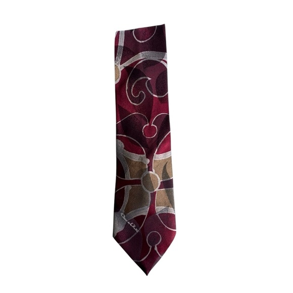 Oscar de la Renta Studio Silk Tie Red Gold Abstract Print Vintage Y2K Bold H16 - Picture 1 of 5